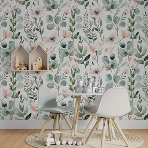 Carta da parati floreale verde pastello e rosa, carta da parati con foglie verdi, decorazioni botaniche leggere a buccia e bastone, fiori rosa tenui, decalcomania rimovibile
