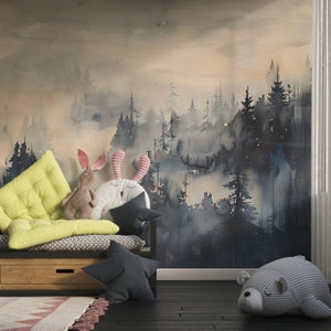 Misty Abstract Forest Wallpaper, Peel and Stick Foggy Forest Mural, Dark Watercolor Trees Decor, Removable Landscape Art