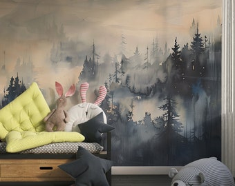 May include: A nursery room with a light brown wall featuring a watercolour mural of a misty forest. The room has a wooden bench with a yellow and white patterned cushion, a grey star-shaped pillow, and a brown bunny rabbit plush toy. There is a grey and white striped bear plush toy on the floor.