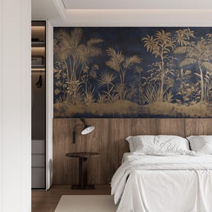 Dark Blue and Beige Palm Trees Mural, Peel and Stick Vintage Forest Wallpaper, Botanical Mural, Luxury Wallpaper