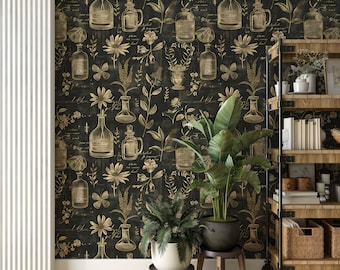 Dark Green and Beige Alchemy Wallpaper, Peel and Stick Herbal Wallpaper, Removable Vintage Old Style Medical Symbols and Flowers Wallpaper