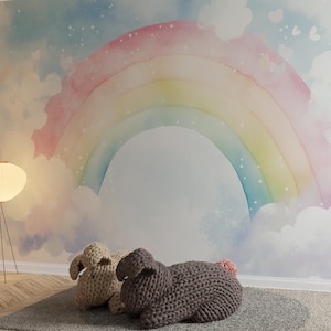 Carta da parati murale per bambini con arcobaleno e nuvole, morbida e soffusa, carta da parati arcobaleno ad acquerello per la cameretta dei bambini, decorazione da parete da sogno staccabile e attaccabile