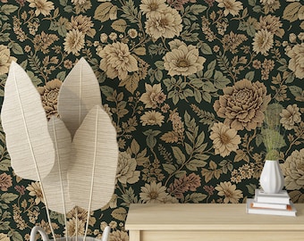 Detailed Green Floral Wallpaper with Beige Flowers, Elegant Botanical Wall Mural, Vintage Peony and Floral Design, Peel and Stick Wallpaper