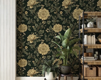 Vintage Dark Floral Wallpaper, Classic Peony Wall Mural, Antique Floral Design, Elegant Botanical Peel and Stick Wallpaper