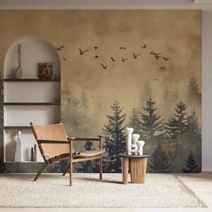 Calming foggy forest removable wallpaper