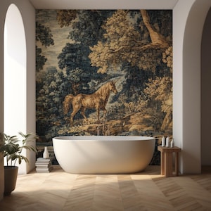 Vintage Unicorn in the Forest Mural, Peel and Stick Renaissance Wallpaper, Old Style Golden Forest Decor