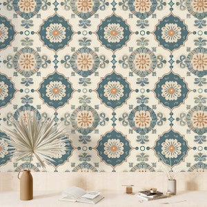 Carta da parati con piastrelle beige e verdi, carta da parati marocchina, decorazioni murali geometriche rimovibili con stacca e incolla, piastrelle tradizionali per cucina e bagno