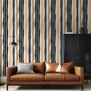 Beige and Blue Striped Wallpaper, Peel and Stick Ragged Stripes Wall Decor, Navy Blue Removable Vertical Striped Wallpaper