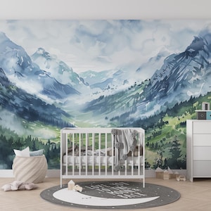 Green and Blue Mountain Valley Mural, Cloudy Mountains Wallpaper, Watercolor Nursery Accents Wall Landscape Mural