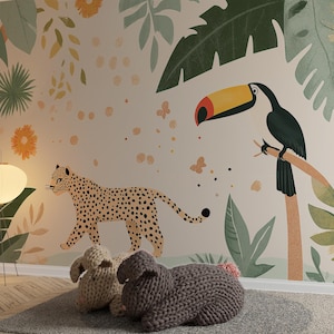Mural de guardería con guepardo y tucán, papel tapiz de animales de la jungla con estilo de dibujos animados, arte de pared para habitación infantil tropical despegable y pegable