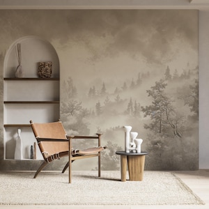 Carta da parati murale beige monocromatica della foresta, arte minimalista della foresta di pini, carta da parati staccabile e adesiva con paesaggio nebbioso beige seppia