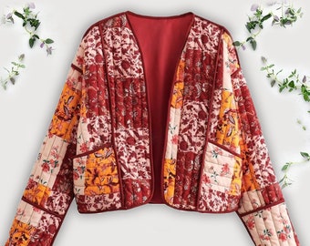 Orange Steppjacke, Baumwolljacke, Steppmantel, Patchworkjacke, Damenbekleidung