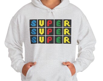レトロな「SUPER」ブロックグリッドパーカー、カラフルなピクセル文字グラフィック、ビデオゲームパーカー、ゲーマーギフト、スーパーテキストパーカー、ゲーム、ビデオゲームギフト