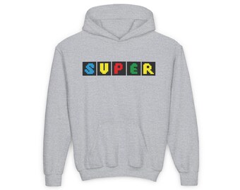 Młodzieżowa bluza z kapturem z motywem gry wideo, prezent dla gracza, bluza z kapturem z ilustracją Super Text, odzież do gier, zabawne gadżety dla graczy, dziecięca super bluza z kapturem, prezent z motywem gry wideo