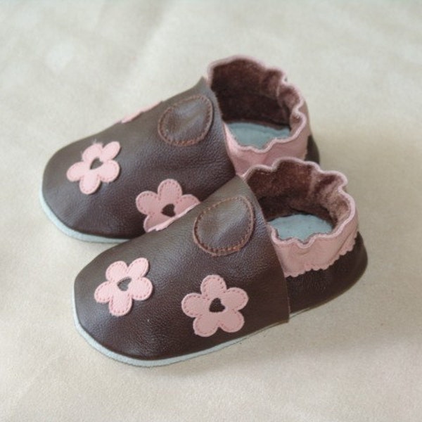 NEW soft sole leather BABY crib shoes brown w pink flowers pick your size