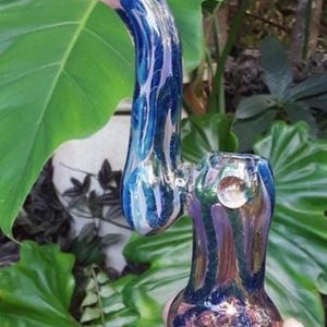 Iridescent Fumed Glass Hammer Pipe, Stand Up Sherlock Pipe, Gold Fumed Pink Glass Pipe