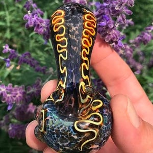 Fumed & Fritted Glass Pipe, Squiggly Line Worked Glass Hand Pipe, Thick Glass Pipes