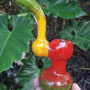 Stand Up Sherlock Pipe Rasta, Fritted Glass Hammer Pipe, Yellow Red Green Glass Pipe