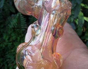 Iridescent Fumed Glass Hammer Pipe Sidecar Bumpy Sherlock Pipe, Stand Up Glass Hand Pipe, Pink Glass Pipe