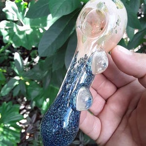 Iridescent Fumed Glass Pipe, Blue Frit Glass Pipe w/ Marbles, Thick Glass Pipes