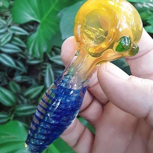 Spiral Fumed Glass Pipe, Worked & Swirled Hand Pipe, Blue Glass Pipe, Thick Glass Pipe