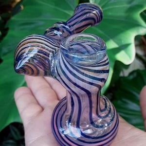 Iridescent Fumed Glass Hammer Pipe, Sidecar Standing Sherlock Pipe, Spiral Worked Glass Pipe