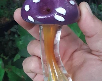 Fumed Glass Mushroom Pipe, Purple & Red Mixed Frit Glass, Thick Glass Pipe