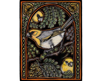 May include: A black and white illustration of a yellow bird with a grey head and a black beak perched on a branch with green leaves. The bird is surrounded by a decorative frame with orange and green accents.
