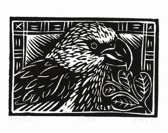 Palila- Hawaiian forest bird original hand-pulled block print