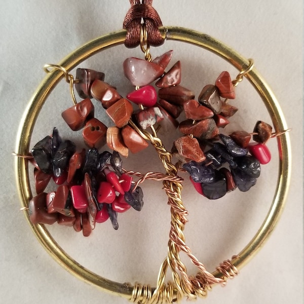 Gemstone Tree of Life Pendant Antiqued Copper,Wire Wrapped Red Jasper, Red Coral, Blue Apatite Tree of life Necklace