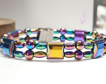 Magnetic Double Strand Electroplated Blue Rainbow Hematite Bracelet