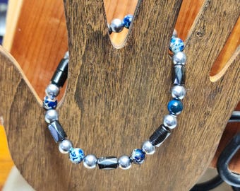 Blue Jasper Pearl Magnetic Hematite Bracelet: Handmade Healing Jewelry