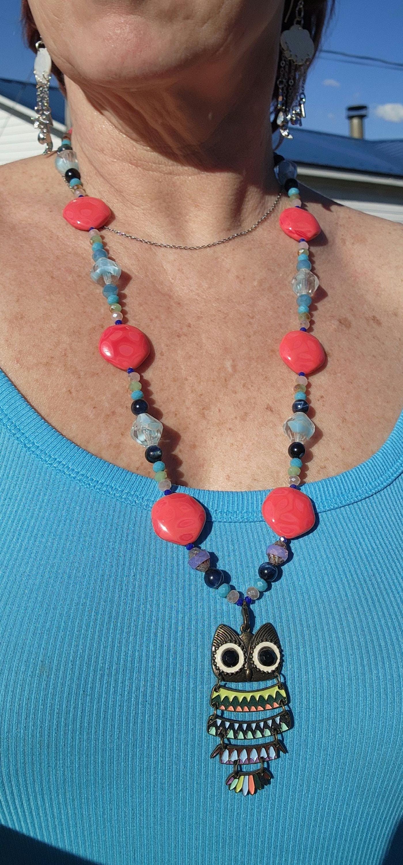 Owl Pendant Necklace: Mixed Bead Statement Necklace