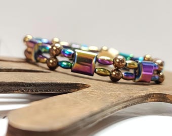 Magnetic Double Strand Electeoplated Blue Rainbow and Bronze Hematite Bracelet
