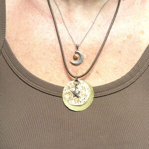 Celestial Hammered Textured Copper and Brass Mixed Metals Necklace, Celestial Necklace, Sun Moon and Star Necklace