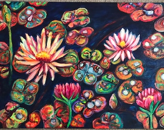 Rainbow Water Lilies Original Acrylic Canvas Painting