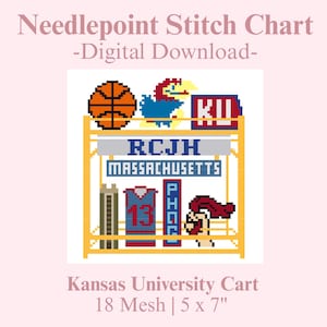 May include: Digital needlepoint stitch chart featuring a Kansas University cart design. The chart includes a basketball, a bird, and the text "RCJH MASSACHUSETTS". The design is 5 x 7 inches on 18 mesh.