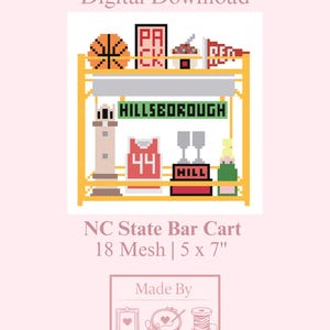 May include: Digital download of a needlepoint stitch chart featuring a bar cart design. The cart includes a basketball, a jersey with the number 44, and the text "HILLSBOROUGH". The chart is 5 x 7 inches and made by MADDEN.