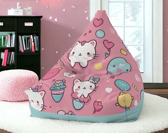 Kitty Charm Bean Bag Chair Cover, Floor Seating for Girls Room, Kids Furniture