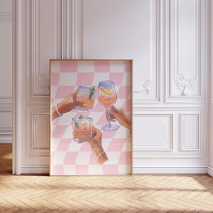 Cheers Drinks Alcohol | Pink Pattern | Aesthetic Wall Art | Trendy Digital Print | Living Room Bedroom Decor | Instant Download | Poster