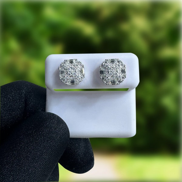 Moissanite Earring Studs with Round and Baguette Stones of 1.50 Carat Each Earring With Screw Backs