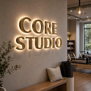 K&ouml;nnte beinhalten: Ein Wand-Schild mit dreidimensionalen, goldfarbenen Buchstaben, die CORE STUDIO bilden, mit integrierter Hintergrundbeleuchtung, die einen sanften Schein auf die strukturierte graue Wand wirft. Das Schild befindet sich &uuml;ber einer Holzbank.