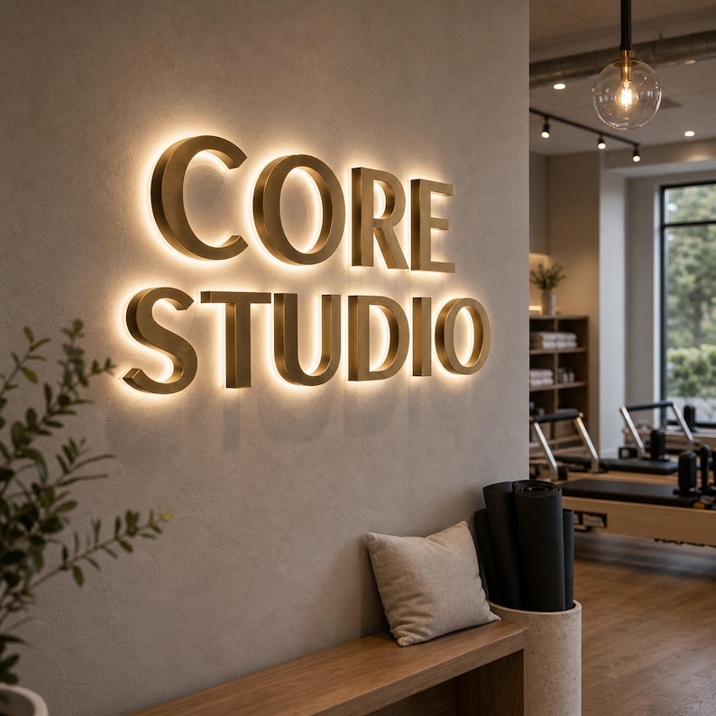 K&ouml;nnte beinhalten: Ein Wand-Schild mit dreidimensionalen, goldfarbenen Buchstaben, die CORE STUDIO bilden, mit integrierter Hintergrundbeleuchtung, die einen sanften Schein auf die strukturierte graue Wand wirft. Das Schild befindet sich &uuml;ber einer Holzbank.