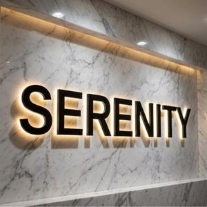 Peut inclure: Enseigne noire "SERENITY" éclairée, fixée sur un mur en marbre. Les lettres en gras ressortent sur le fond clair. L'éclairage crée une ambiance chaleureuse et met en valeur le mot.