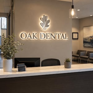 K&ouml;nnte beinhalten: Ein Empfangsbereich mit einem Wandschild, das den Text OAK DENTAL in metallischen Buchstaben zeigt, platziert unter einem hinterleuchteten Eichenblatt-Symbol. Das Schild ist an einer neutralfarbenen Wand &uuml;ber einem wei&szlig;en Marmortresen angebracht.