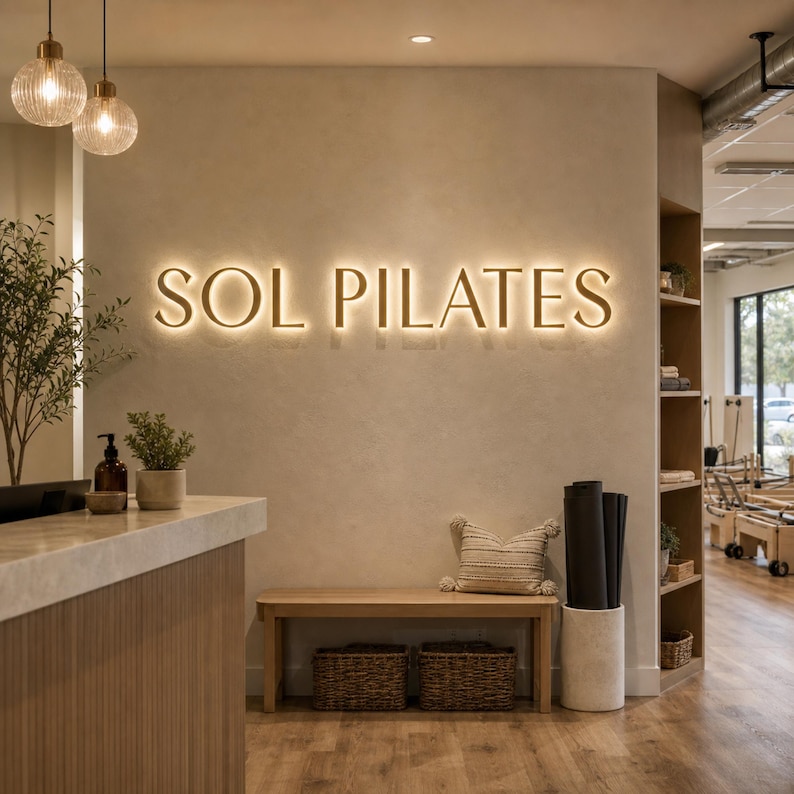 K&ouml;nnte beinhalten: Ein Empfangsbereich mit einer beigen Wand und dem beleuchteten Schriftzug SOL PILATES. Links befindet sich eine Theke aus Holz, w&auml;hrend an der Wand eine Holzbank mit einem strukturierten Kissen und zwei geflochtenen K&ouml;rben steht.