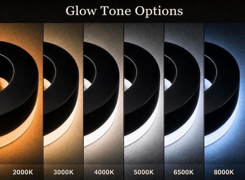 K&ouml;nnte beinhalten: Eine kreisf&ouml;rmige schwarze Leuchte mit sechs Glow Tone Options von 2000K bis 8000K. Die Lichtabgabe reicht von einem warmen Bernsteinton bei 2000K &uuml;ber neutrales Wei&szlig; bei 5000K bis hin zu einem k&uuml;hlen, bl&auml;ulichen Wei&szlig; bei 8000K.
