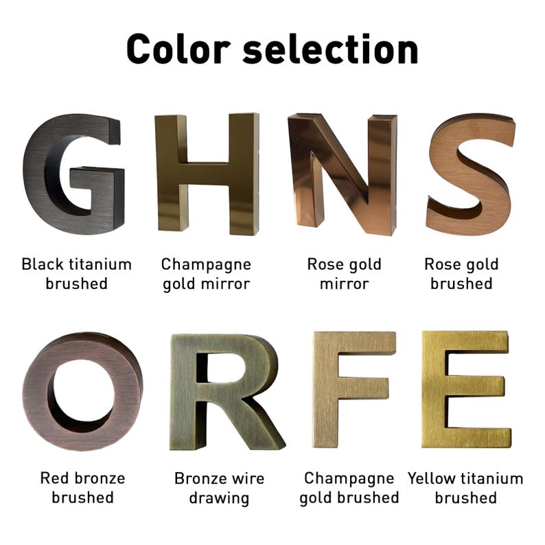 K&ouml;nnte beinhalten: Eine Farbauswahl-Tabelle mit acht Metallbuchstaben in verschiedenen Ausf&uuml;hrungen. Die Beschriftungen lauten Black titanium brushed, Champagne gold mirror, Rose gold mirror, Rose gold brushed, Red bronze brushed, Bronze wire drawing, Champagne gold brushed und Yellow titanium brushed.