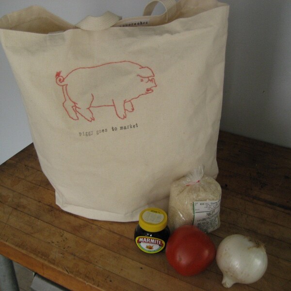 piggy goes to market embroidered canvas grocery tote