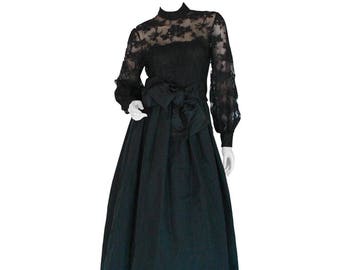 Rare Ronald Amey Evening Gown Black Lace and Silk Taffeta Sz M 1970s Couture Vintage